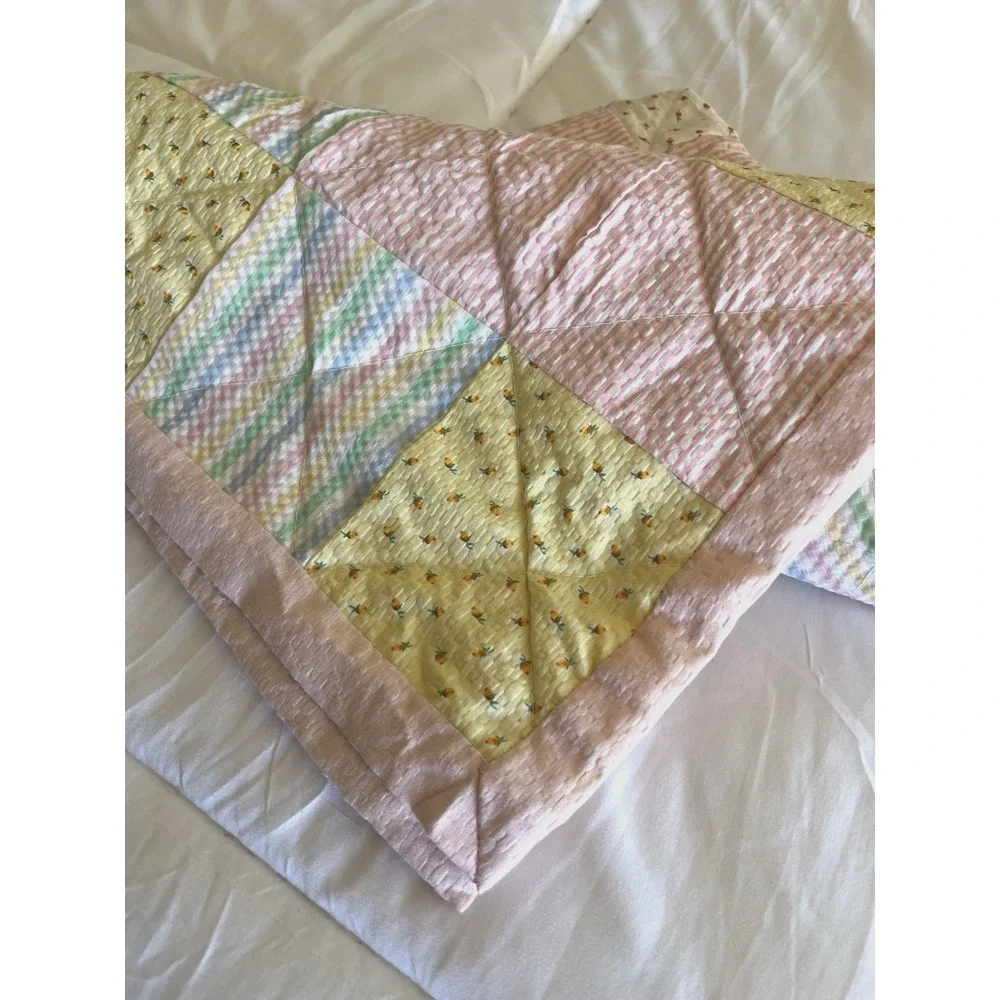 Vintage Baby Blanket Seersucker Quilted Patchwork Soft Pastels Delicate Floral